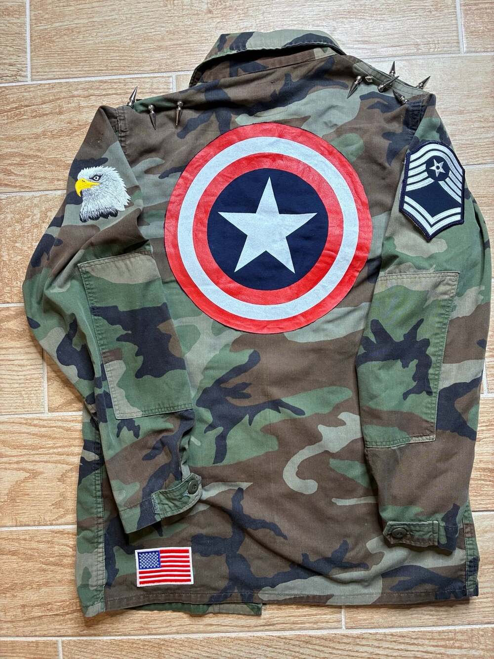 Vintage US Military Woodland BDU Camo Jacket Custom Captain America Punk Studded